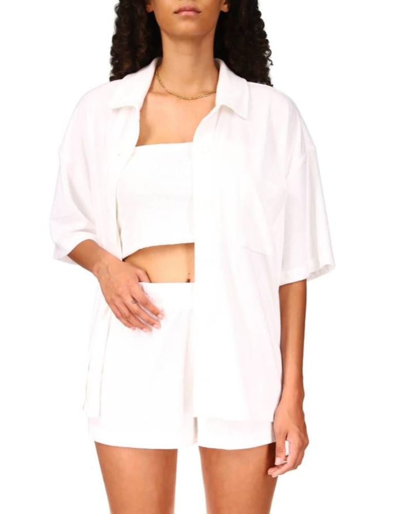 Front of a model wearing a size L Terrycloth Vacay Shorts In White in White by Sanctuary. | dia_product_style_image_id:355754